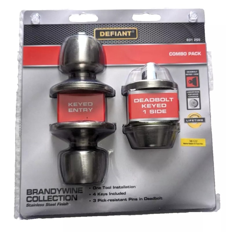 Defiant Brandywine Stainless Steel Keyed Entry Knob and Single Cylinder
