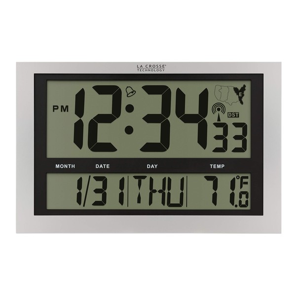 La Crosse Technology 513-1211 Atomic Wall Clock with Jumbo LCD Display with Indoor Temperature , Silver