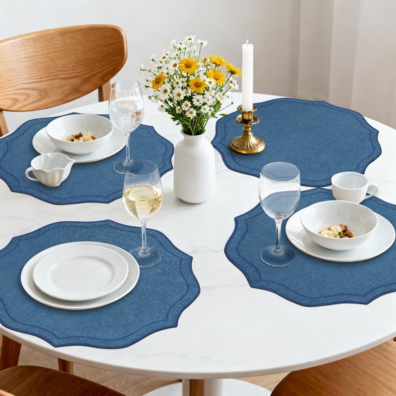 fanquare Navy Blue Round Placemats Set of 4, 15" Embroidered
