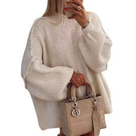 TIQOJE Women's Oversized Crewneck Fall Sweaters for Women 2024 Long Sleeve Fuzzy Knit Chunky Pullover Sweater(Beige-M)