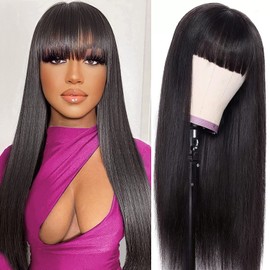 Straight Wig with Bangs, Real Hair Wig, Human Hair Wigs with Bangs, Brazilian Wigs, Real Hair, Women's Glueless Brazilian None Lace Front Wig, 16 Inches (40 cm)