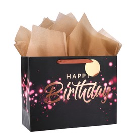 Loveinside Black and Pink Birthday Gift Bag with Tissue Paper for Birthday, Baby Shower, Party, and More - 13" x 5" x 10", 1 Pcs