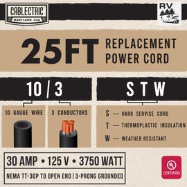 Cablectric 30 Amp RV Replacement Power Cord - 25ft 10 Gauge EV Extension Cable NEMA TT-30P to Open End 3 Wire - Heavy Duty 30 Amp RV Extension Cord - 10/3 STW Electrical Wire for Camper