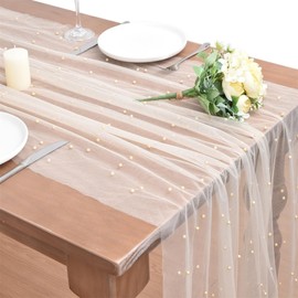 Table Runner Tulle with Beads, 80 x 200 cm, Chiffon Table Runner, Table Lace Tulle Fabric, Pearl Lace Tablecloth, Pearl Lace Tablecloth, for Parties, Weddings, DIY Creativity