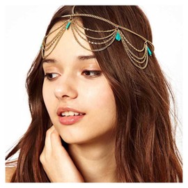 Inilbran Boho Layered Turquoise Head Chain Gypsy Turquoise Hair Chain Headband Gold Turquoise Tassel Dangle Head Chain Headdress Blue Gemstone Stone Headdress Festival Wedding Headpiece Accessories