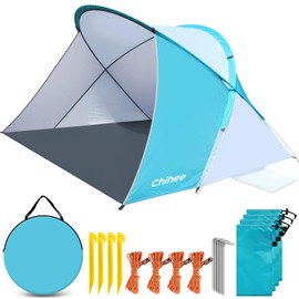 Chihee Pop-Up Beach Tent for 1-2 Person UV Protection Silver Coated Fabric Portable Sun Shelter,Crossed Fiberglass Poles Windproof Sandbags Ropes Pegs, Lightweight Instant Setup Beach Outdoor Shade