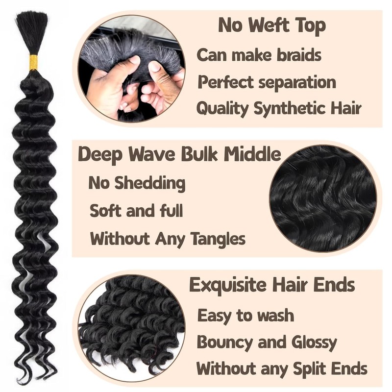 22 Inch 30# Deep Wave Bulk Hair Extensions for Boho