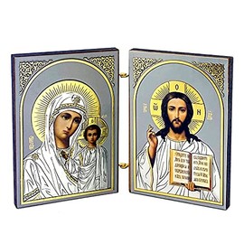 Needzo Christ the Teacher and Virgin Mary of Kazan Icon Diptych Orthodox Catholic Christian Icons 5 1/4 Inch, Silver Gold Foil