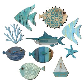 10 Pcs Fish Wall Decor Wood School of Fish Wall Decor Beach Theme Bathroom Decor Wooden Nautical Coastal Pictures Home Hanging Wall Art Gifts, Not 3D Pattern