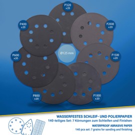 S&R Waterproof Velcro Sandpaper 125 mm, Sanding Discs Set, 140 Pieces Each 20 x P320, P400, P600, P800, P1000, P1500, P2000, for Sanding, Polishing Metal, Wood, Steel, Stainless Steel, 8 Holes