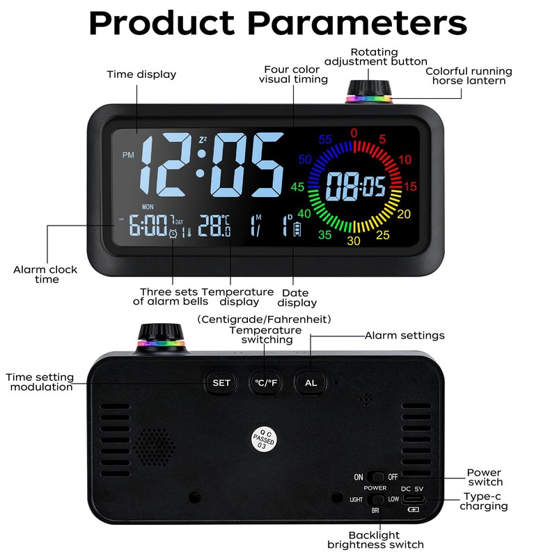 Lychee Digital Alarm Clock, Visual Color LED Screen Alarm Clock