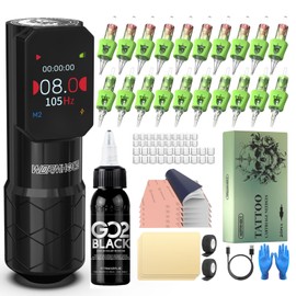 Wormhole Tattoo Gun Wireless Tattoo Kit with 1500mAh Battery Aluminum Alloy Tattoo Machine Professional Complete Pen Kit for Tattoo Artist WTK354