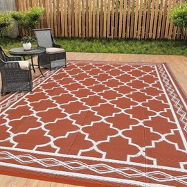 LUXLOOM Outdoor Rug 9x12 Reversible Patio Rug Outdoor Plastic Straw Rug Vintage Trellis Rug Waterproof for Deck RV Outside Rug for Patio Backyard Picnic Camp Beach Balcony Brick Red