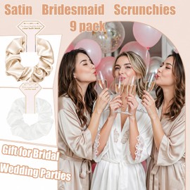 9 Pack Silk Satin Hair Scrunchies for Women Bridesmaid Gifts Silk Hair Ties Hen Do Party Bag Fillers for Bridal Wedding Parties Bachelorette Party Favors(Champagne-White)