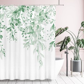 Tititex Mint Green Eucalyptus Shower Curtain Sets, Watercolor Leaves on The Top Plant with Floral Bathroom Decoration 60x72 Inch with Hooks