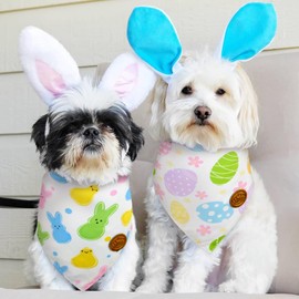CROWNED BEAUTY Easter Dog Bandanas Small 2 Pack, Colorful Bunnies Eggs Set, Floral Plaid Stripes Adjustable Triangle Reversible Scarves for Dogs Girl Boy Pets DB26-S