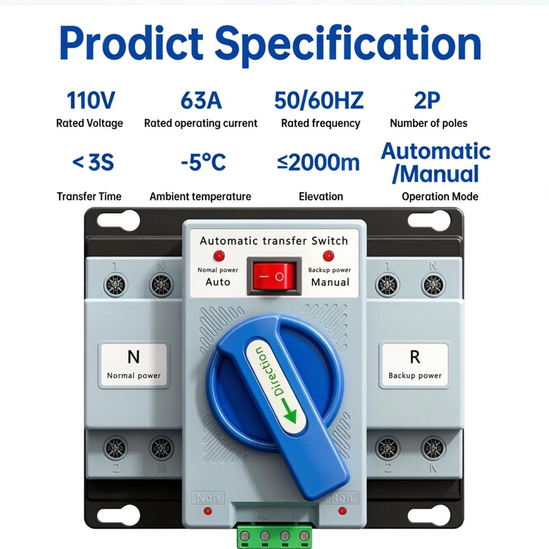 110V 63A 2P Dual Power Automatic Transfer Switch, 50/60Hz Dual