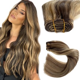 Sew In Real Human Hair Extensions, 22 Inch 120G Balayage Ash Brown and Blonde Highlights Hand Tied Weft Hair Extensions for Women