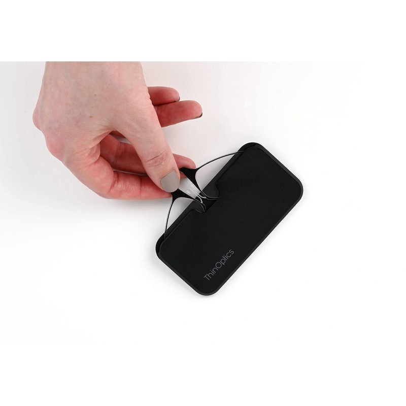 ThinOptics Lesebrille + Schwarzes Universal-Hartschalenetui, Schwarzes Brillengestell +1,00 Dioptrien