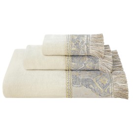 Loom and Mill Luxury Cotton Bath Towel Set 3 Piece-1 Bath Towel 1 Hand Towel 1 Wash Cloth, Ultra Soft Decorative Towel Sets Highly Absorbent for Bathroom, Elegant Jacquard Design(Ivory-Beige)