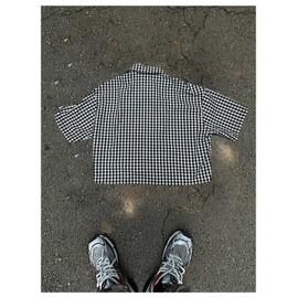 VIPWOLF Men's Plaid Shirts Gingham Short Sleeve Button Down Crop Tee Tops Black Plaid Medium