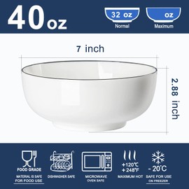 Houlu 40 oz Soup Bowls, Cereal bowls, Pho Bowls, Salad Bowls, Off White Porcelain Bowl Set of 4, 7 inch