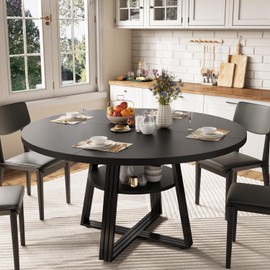 GarveeHome 47 Inch Round Dining Table for 4-6, Farmhouse Pedestal Kitchen Table with Storage Shelf, Space-Saving Circle, for Kitchen, Dining Room, Living Room, Apartment, Table Only- Black