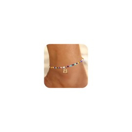 Fohufo Ankle Bracelets for Women - Non Tarnish Anklets for Women Waterproof Gold, Initial Boho Beaded Pearl Anklets, Foot Chain Anklet Summer Colorful Jewelry Gift, Letter B