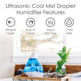 Crane Droplet Ultrasonic Teardrop Cool Mist Air Humidifier, 0.5 Gallon for Bedroom and Office, Blue and White, Nursery Humidifier