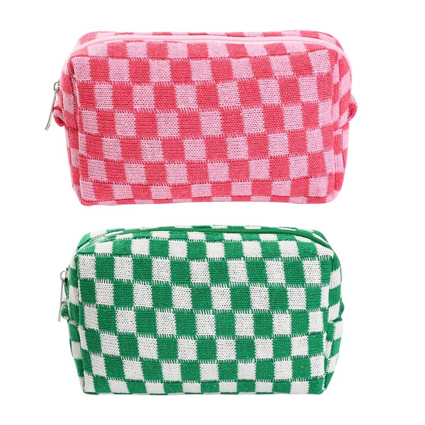 Makeup Bag Cosmetic Bag for Women 1 x Large Capacity and 1 x Pencil Case Makeup Brush Storage Bag Travel Toiletry Bag Organizer, Green and rose red