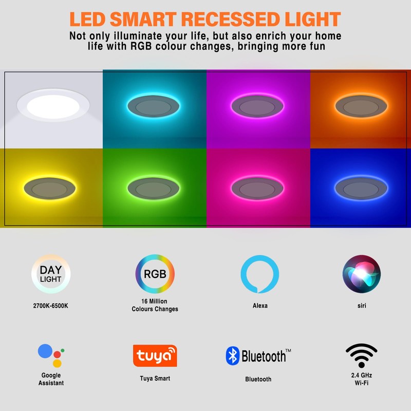 Dcvoltfield 6Pack Smart RGB Recessed Lighting 4Inch,Ultra-Thin Canless LED Downlight,2.4GHz