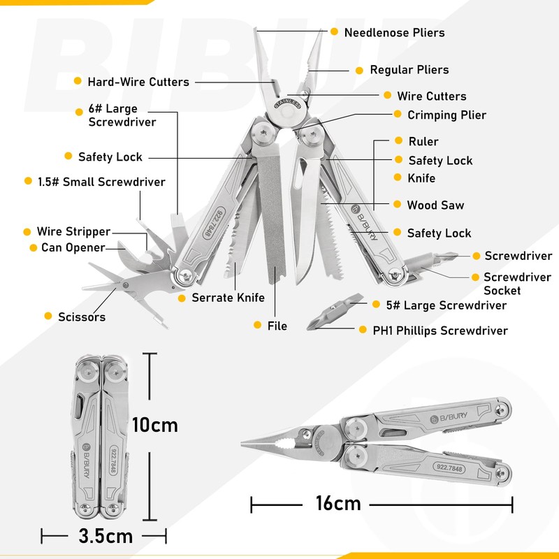 BIBURY Multitool Pliers,19-in-1 Pocket Multi-Tool w/Screwdriver Sleeve,Wire Cutters, Spring-Action Scissors