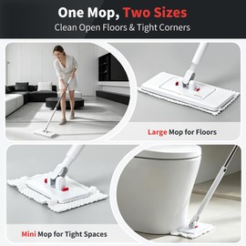 2-in-1 Dual Size Hands Free Flat Mop, Snap Grip Mini & Large Mop Compatible with Swiffer Pads, 15 Dry Pads and Reusable Cloths, Lazy Mops for Hardwood, Tile, Walls & Tight Spaces Cleaning