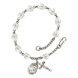 St. Martin de Porres Silver Plate Rosary Bracelet 6mm April Crystal Fire Polished Beads Crucifix Size 5/8 x 1/4 medal charm