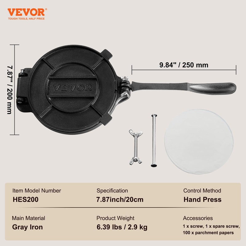 VEVOR Tortilla Press, 8 Inch Tortilla and Roti Maker, Cast