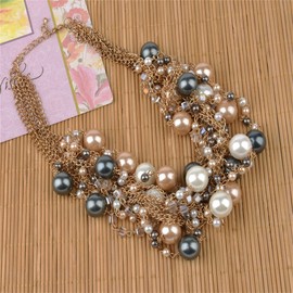IPINK Fashion Charm Jewelry Pendant Faux Pearl Choker Chunky Statement bib Necklace and Earrings Set