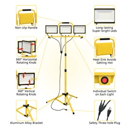 21000 Lumens Work Lights with Stand, 3 Adjustable Head LED Work Light, Waterproof Portable Lights with Individual Switch, Led Flood Light with 72 Inch Adjustable Metal Telescoping Tripod