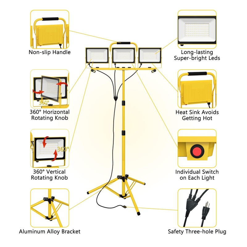 21000 Lumens Work Lights with Stand, 3 Adjustable Head LED