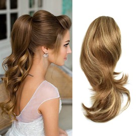 Ponytail Clip In Claw Long Wavy Straight Thick Synthetic Pony Hair Extension 22'' 14'' Heat Resistant Curly Pony Tail Hairpiece For Women USA (14'', 4T12/26# Dark Brown To Brown Auburn&Dark Ash Blonde)
