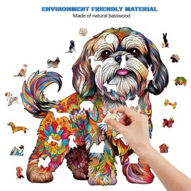 Wooden Puzzles for Adult, Shih Tzu Dog Wooden Jigsaw Puzzle, Unique Shape Lhasa Apso Wood Cut Puzzle, Best Gifts for Chrismas Family Game Puzzle Lovers (M-10.6 * 11.4in-190pcs)