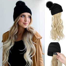 Qlenkay Beanie Hat with Long Wavy Curly Hair Extensions Knit Thick Lined Cap Attached 20in Synthetic Wig Detachable Hairpiece Warm Pom for Women Winter Ash Blonde