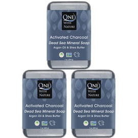 One With Nature Activated Charcoal Soap 7oz 3-Pack – Detoxifying and Exfoliating Charcoal Soap Bar with Dead Sea Salt for Face & Body, for Men & Women