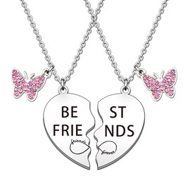 HULALA Best Friend Necklaces For 2 Girls BFF Best Friends Gifts Friendship Puzzle Heart Necklace Set Charm Pink Rhinestone Butterfly Pendant Necklace Jewellery