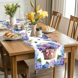 ANATTASOUL Table Runner Hydrangea and Basket 13"x72" Table Decorations, Durable Summer Dining Decor for Home Kitchen Party Room