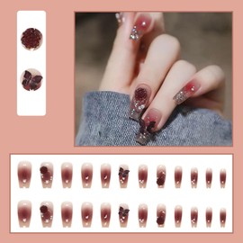 Nail Tips, 24 Pieces, Nail Tip, Short, False Nails, Round Tip, Fashion, Korean, Short, Cute, Long, Red, Nail Seal, Wedding Nail Tip, Popular, Japanese Style, Bride Nails, 48 Double Sided Tapes
