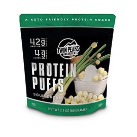 Twin Peaks Low Carb, Keto Friendly Protein Puffs, Sour Cream & Onion 2 Servings, 3 Pack (60g, 42g Protein, 4g Carbs)
