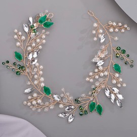 Diadema de novia con hojas verdes, perlas de cristal y diamantes de imitación para novia, dama de honor, enredadera para el cabello con perlas y diamantes de imitación para bodas, accesorios para el