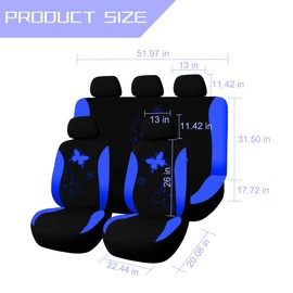 Sandfren Car Seat Covers, 9PCS Butterfly Print High Back Vehicle Front Seat & Rear Bench Protector, Breathable Automotive Interior Chair Accessories, Universal for SUV Sedan Truck (Blue)
