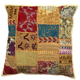 2Pcs Indian Handmade Decorative Vintage Sequin Patchwork Embroidery Exclusive Floor Home Decor Pillow Case Cushion Cover 40cmx40cm (Beige)