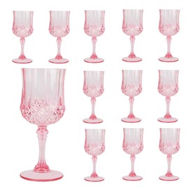 HTTBEIZI 12PCS 7OZ Pink Wine Plastic Glasses, Drinking Champagne Glasses Flutes Crystal Vintage Water Unbreakable Goblets for Wedding, Parties